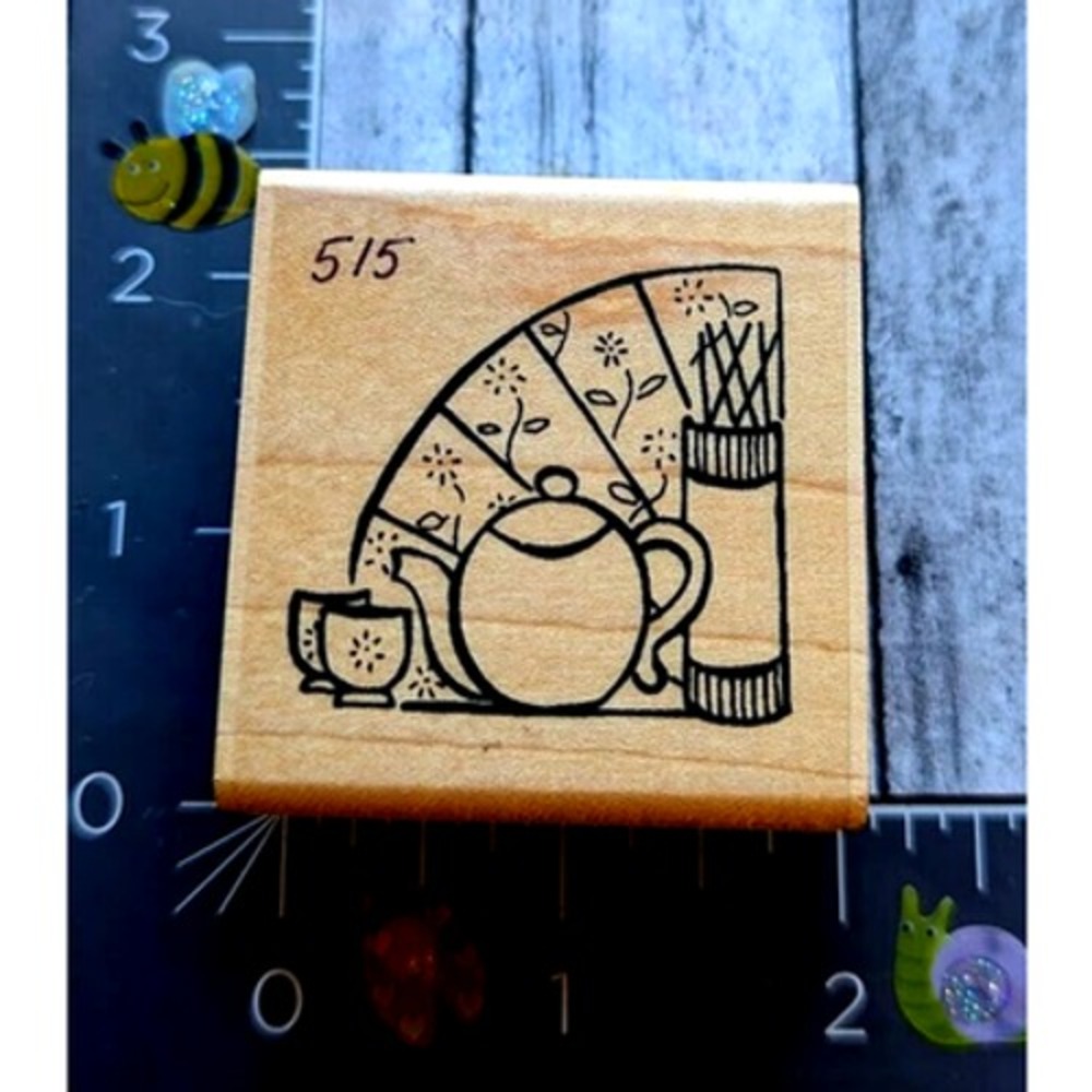 JRL Design Asian Teapot Fan Oriental Rubber Stamp Wood #G31